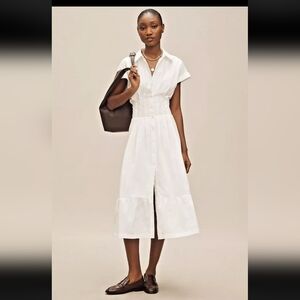 Anthropologie Short Sleeve BUTTON UP PLEATED MIDI SHIRT DRESS WHITE COTTON M